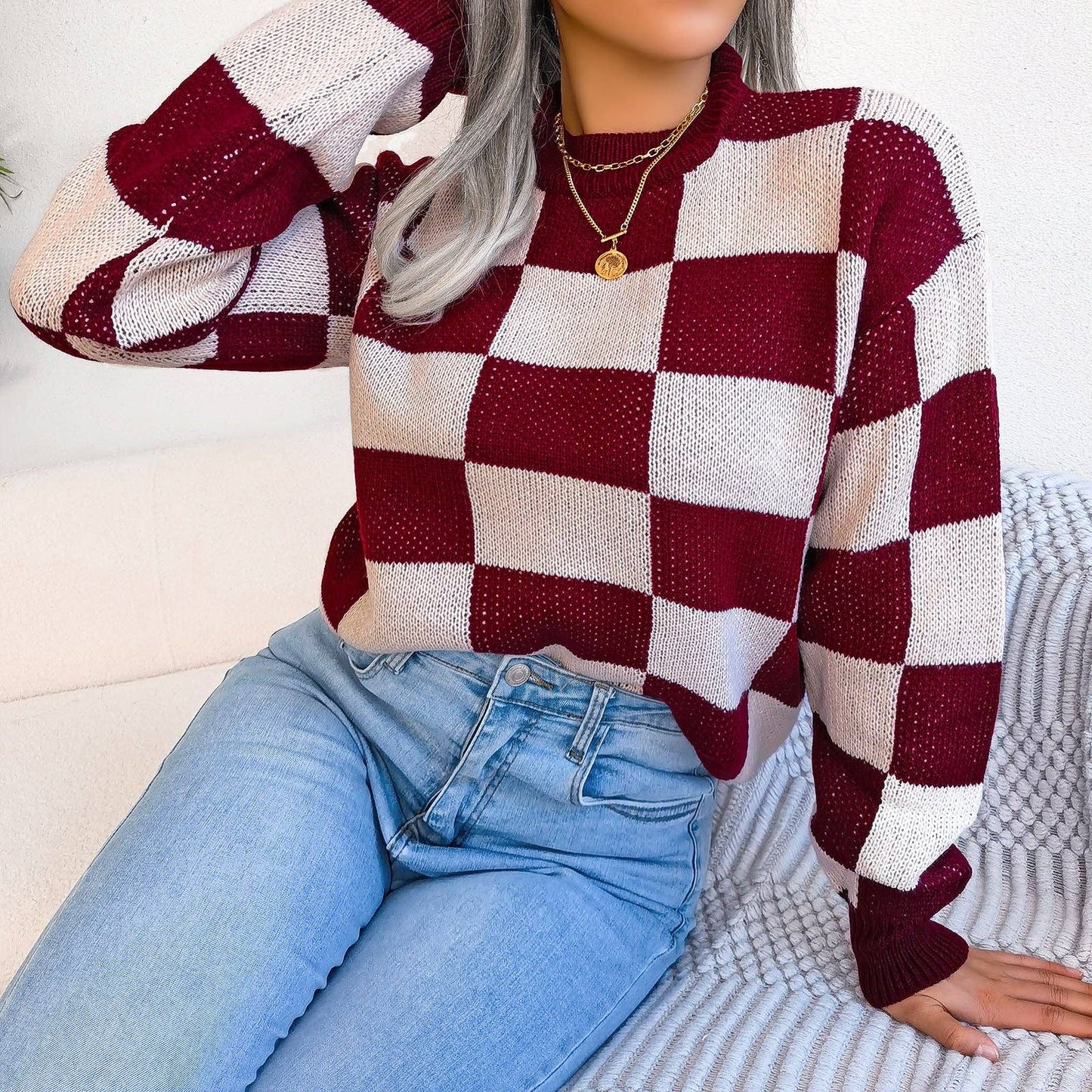 Checkered Knit Sweater