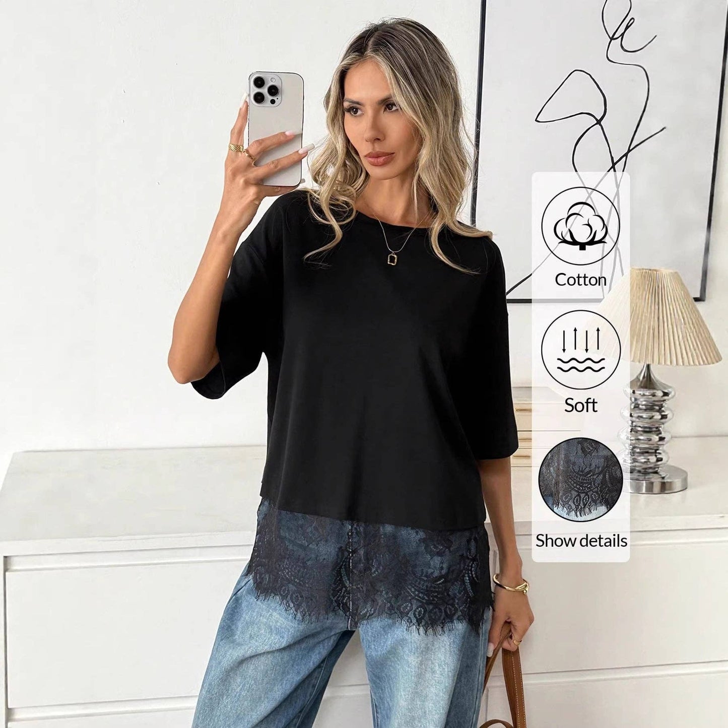 Lace Hem Loose Short Sleeve T Shirt