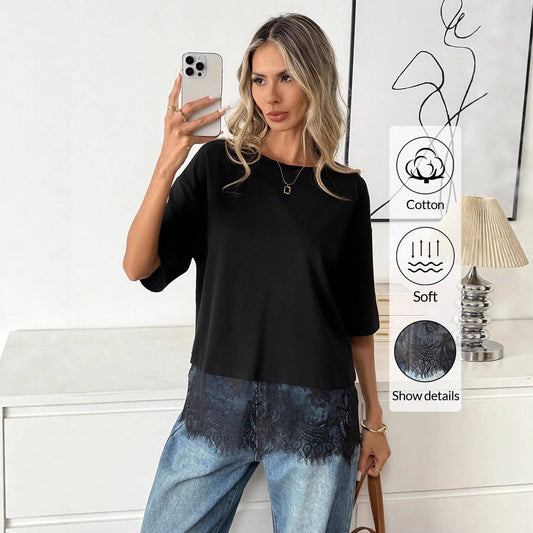 Lace Hem Loose Short Sleeve T Shirt