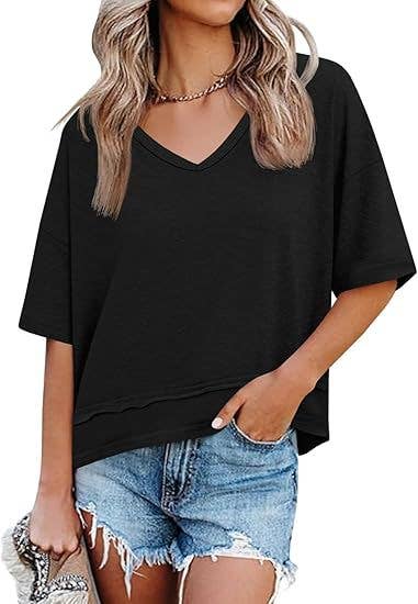 Oversized V Neck Loose Fit Casual Basic Tee