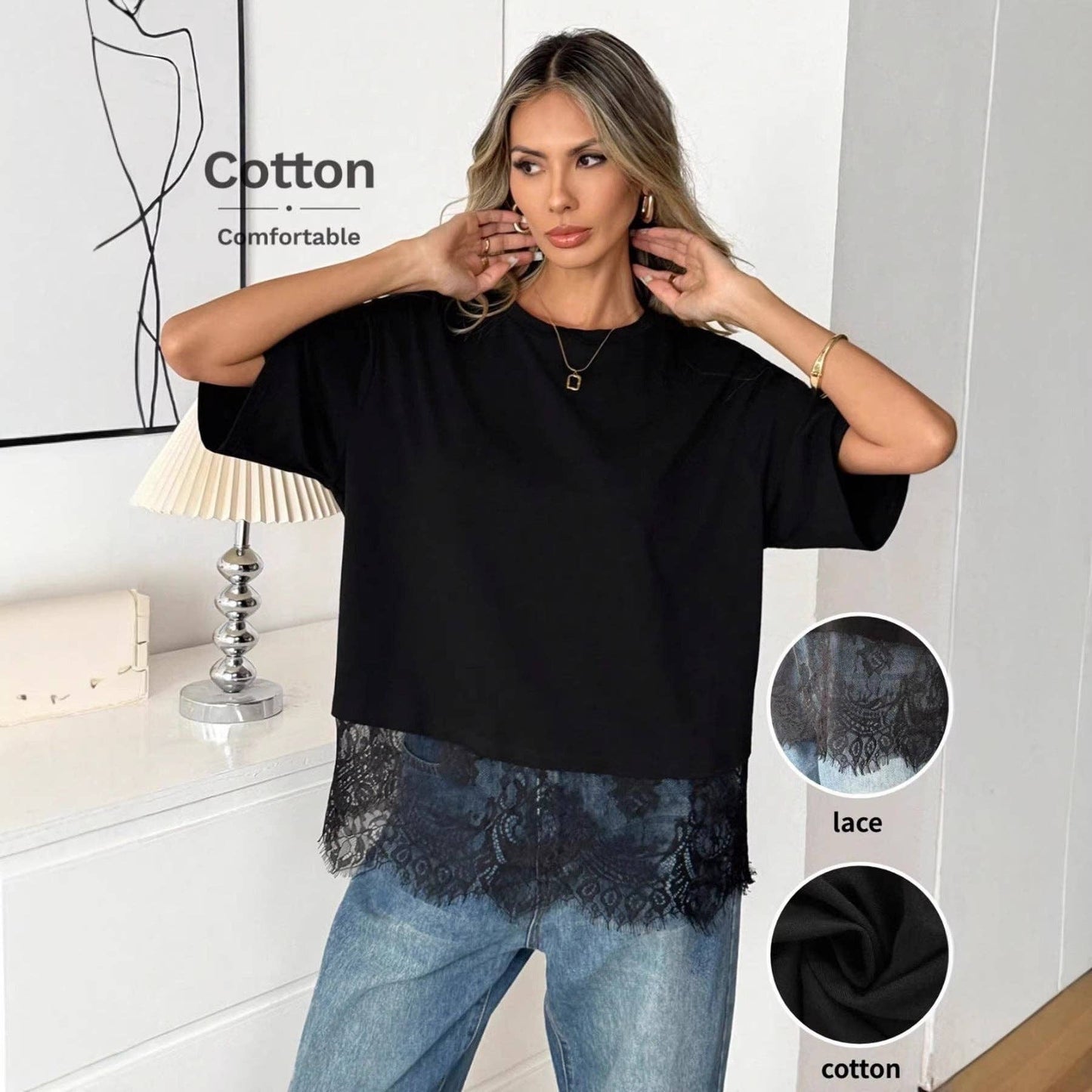 Lace Hem Loose Short Sleeve T Shirt