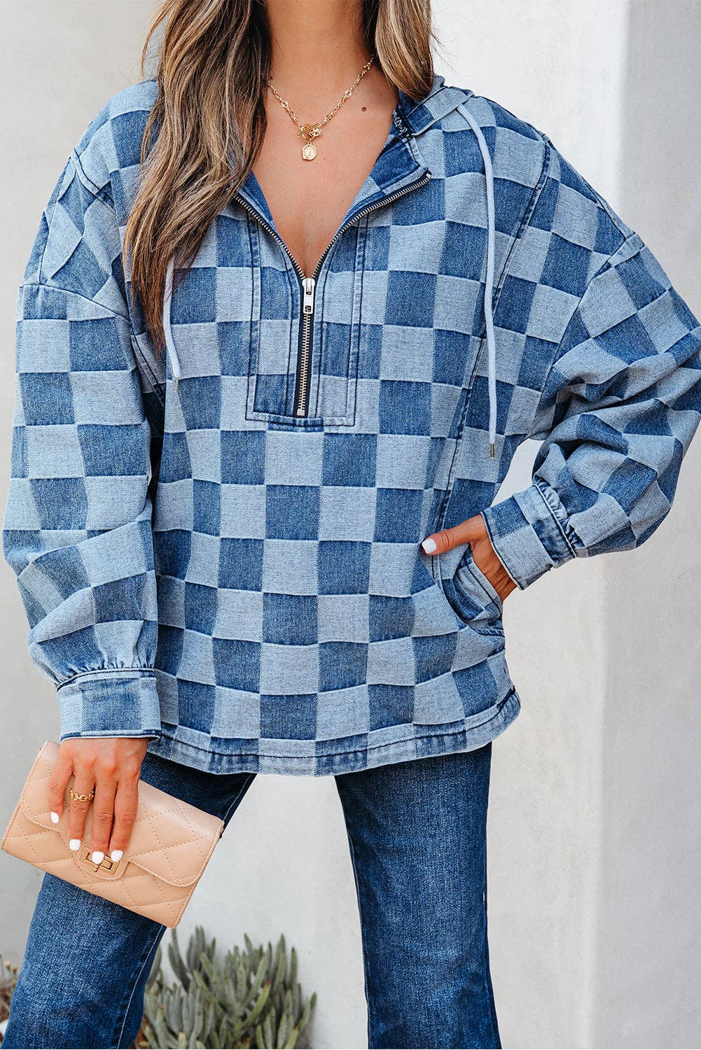 Checkered Denim 1/4 Zip