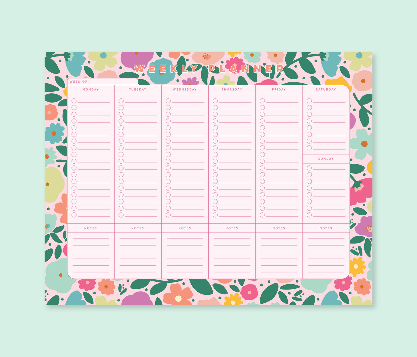 Weekly Planner Notepad | 8.5"x11" | Blush Rainbow Meadows