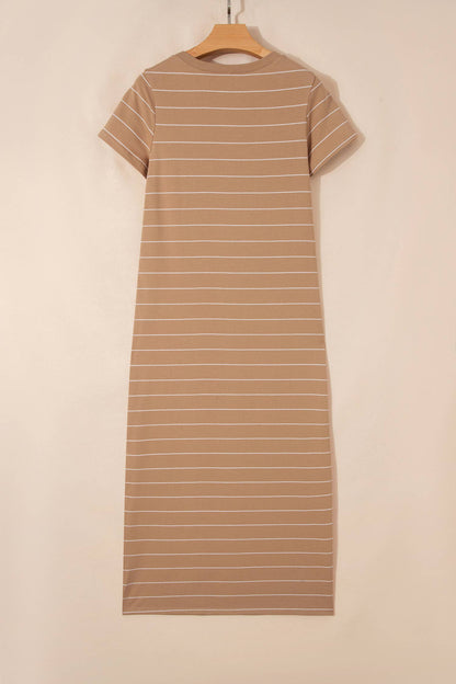 Stripe Short Sleeve Side Slit Maxi T Shirt Dress
