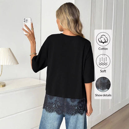 Lace Hem Loose Short Sleeve T Shirt