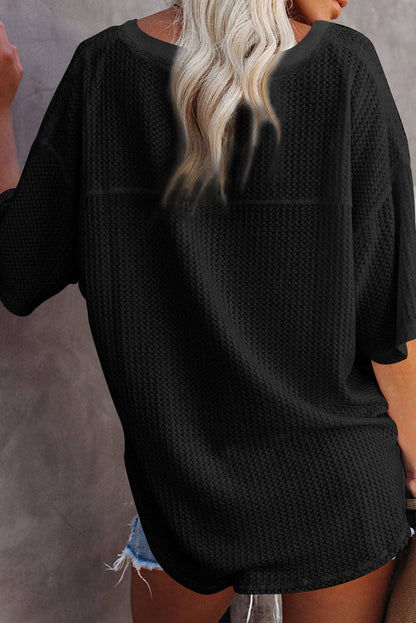 Waffle Texture Ribbed V Neck Drop Shoulder Loose Tee