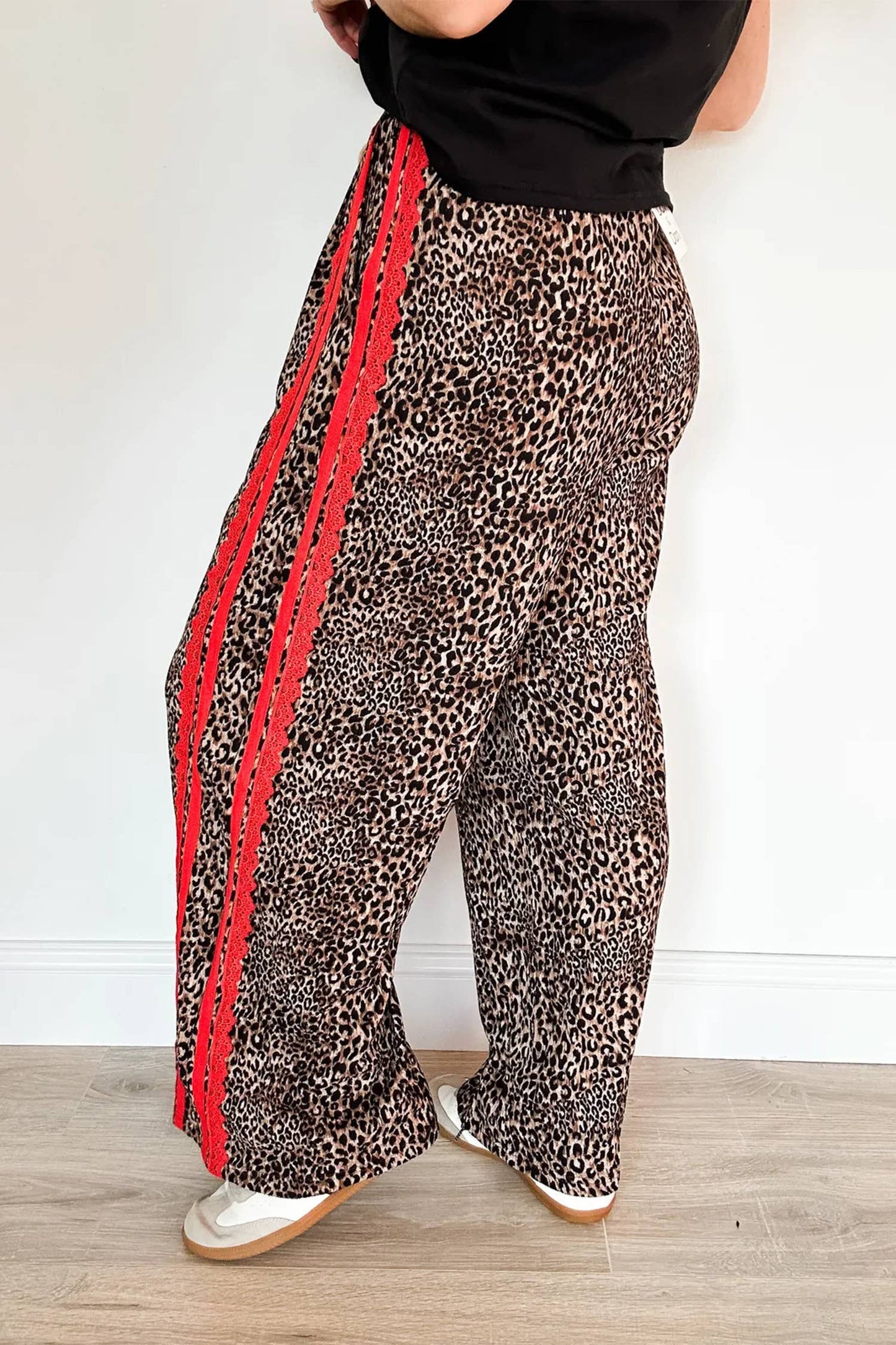 Leopard Print Contrast Lace Striped Drawstring Pants
