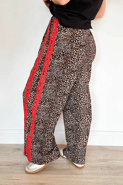 Leopard Print Contrast Lace Striped Drawstring Pants