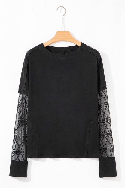 Bow Mesh Textured Long Sleeve Tee
