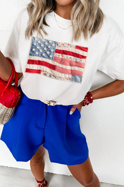 Faux Patchwork Printed US Flag Casual Tee
