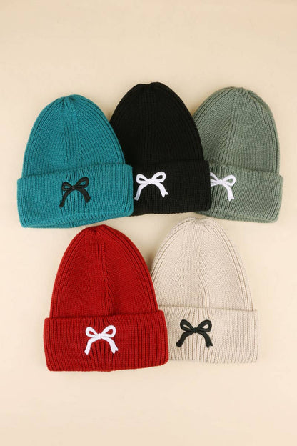 Bow Embroidered Cuff Beanie