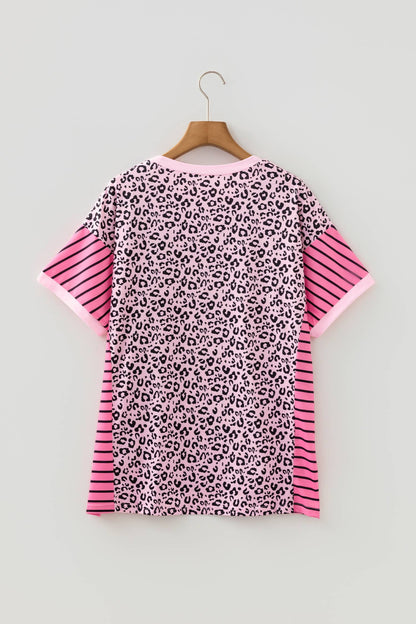 LAS Leopard Striped Patchwork Side Slit Loose Top
