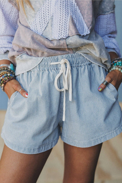 Sky Blue Stripe Casual Denim Shorts