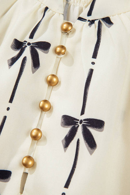 Bowknot Printed Bubble Sleeve V Neck Mini Dress