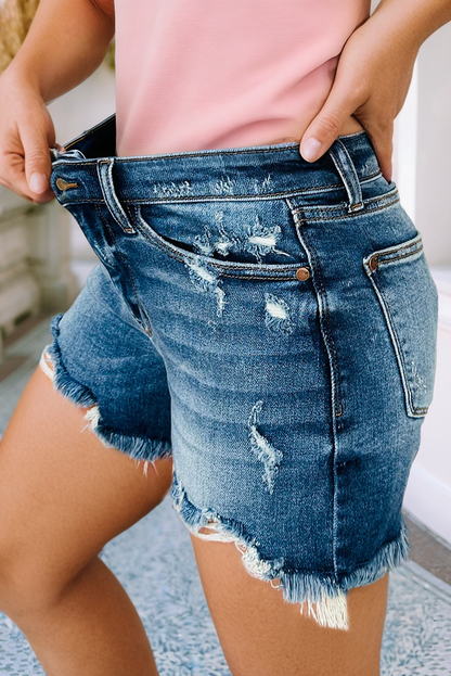 LDC Asymmetric Raw Hem Distressed Whiskery Denim Shorts