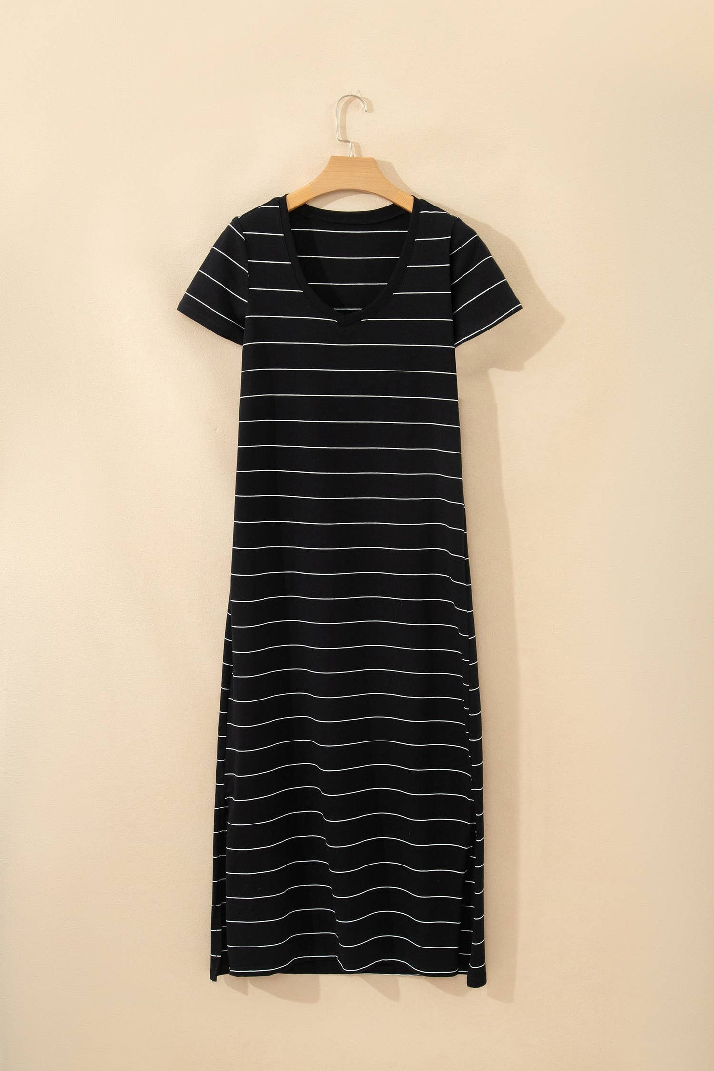 Stripe Short Sleeve Side Slit Maxi T Shirt Dress