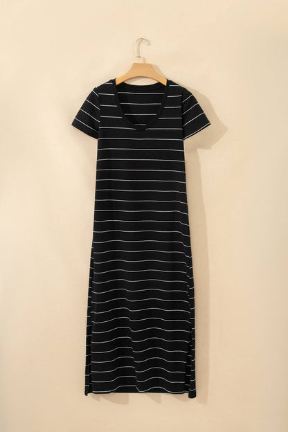 Stripe Short Sleeve Side Slit Maxi T Shirt Dress