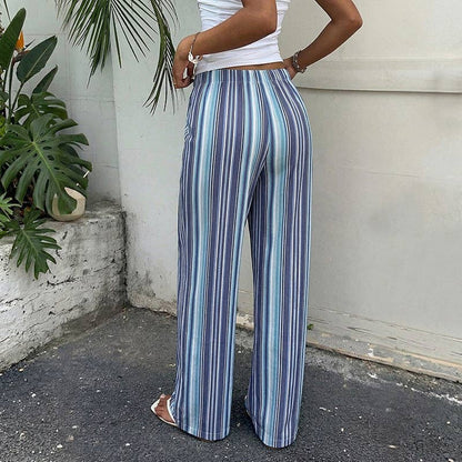 Stripe Drawstring Wide Leg Casual Pants