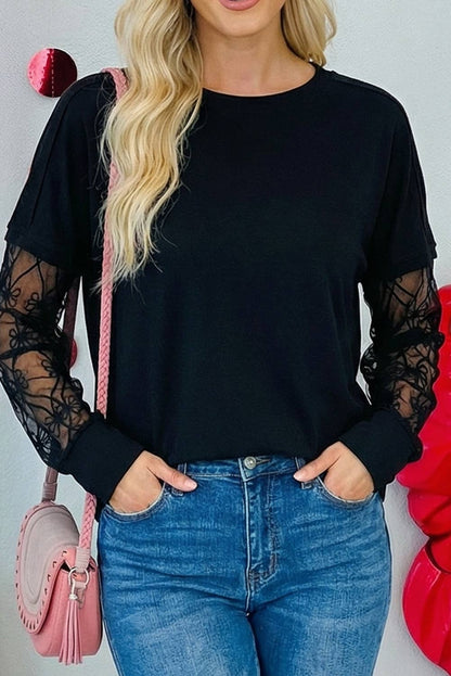 Bow Mesh Textured Long Sleeve Tee