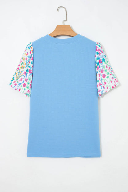 LAS Textured Contrast Floral Bubble Sleeve Blouse