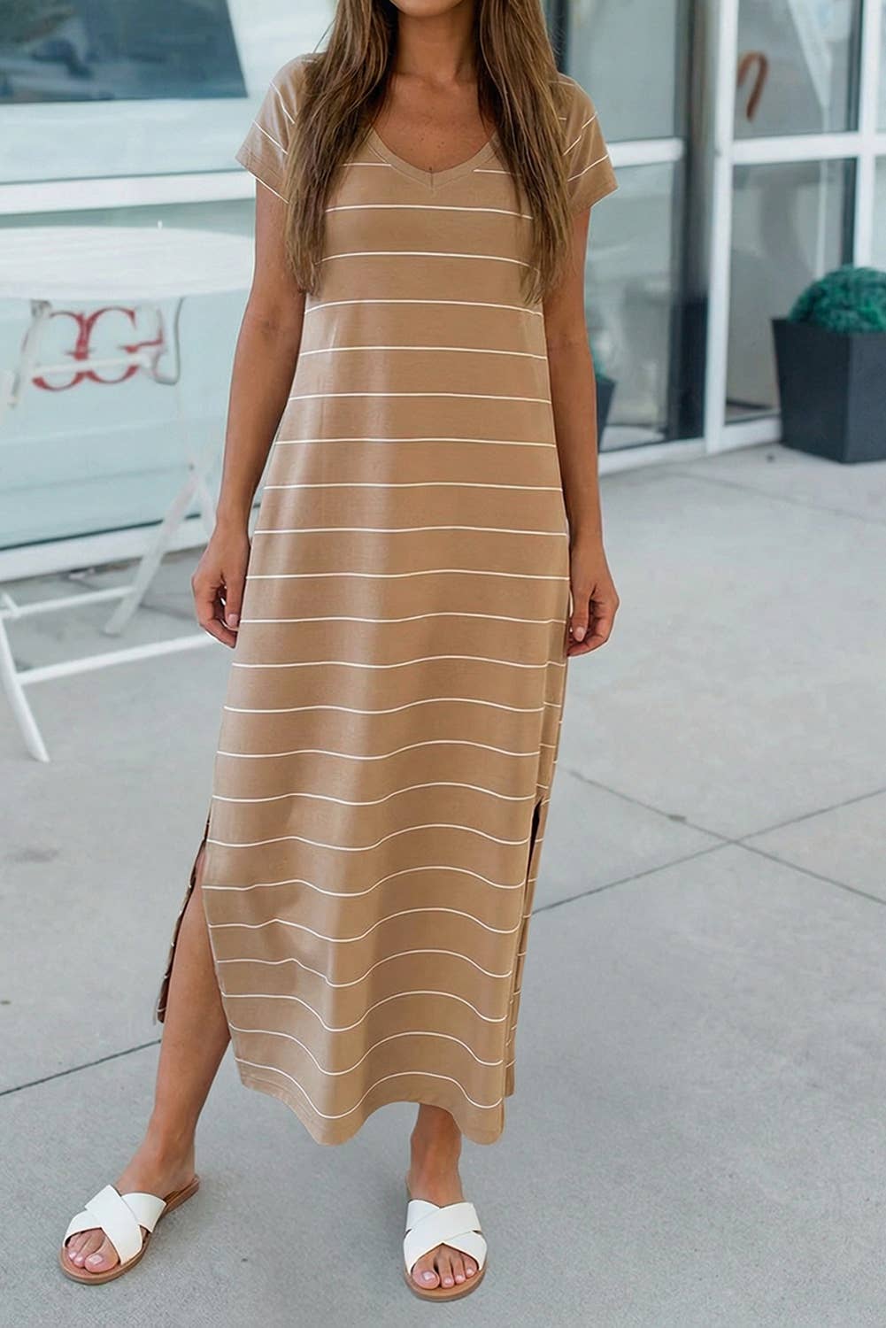 Stripe Short Sleeve Side Slit Maxi T Shirt Dress