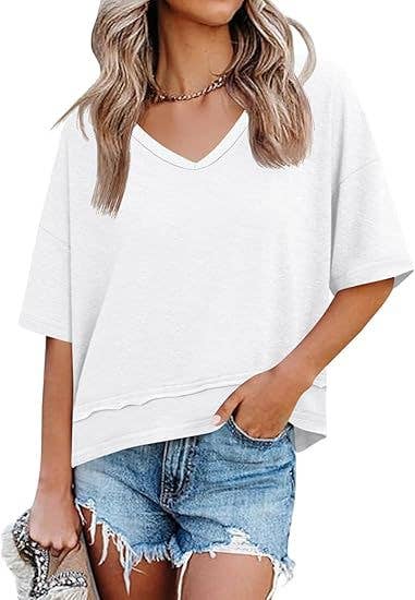 Oversized V Neck Loose Fit Casual Basic Tee