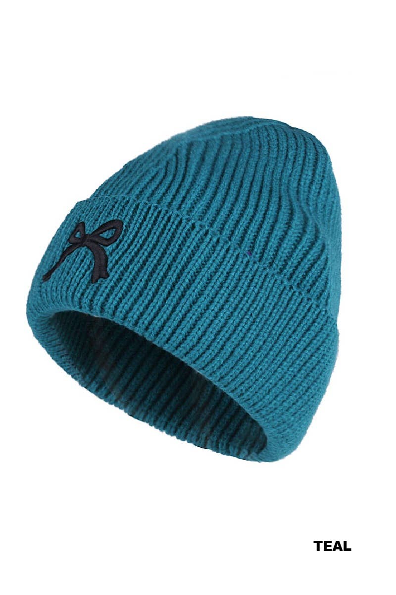 Bow Embroidered Cuff Beanie
