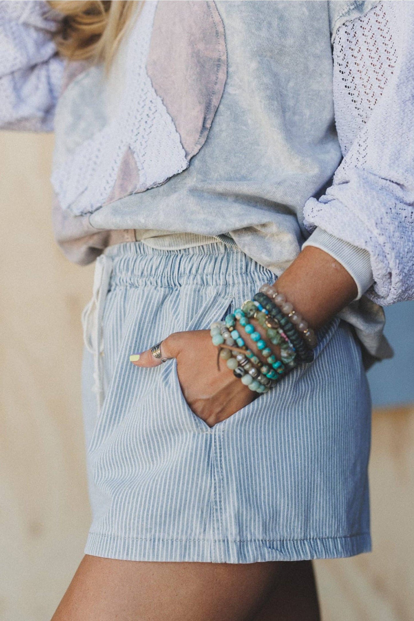 Sky Blue Stripe Casual Denim Shorts