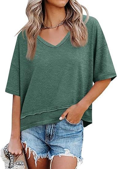 Oversized V Neck Loose Fit Casual Basic Tee