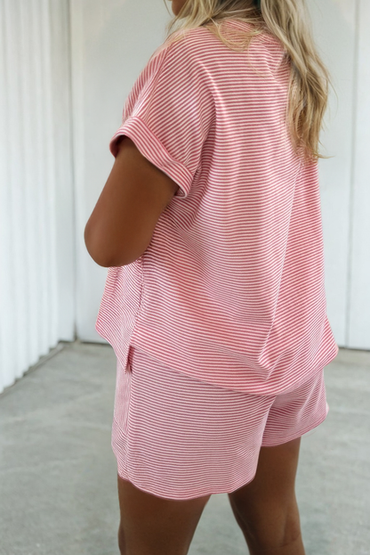 LAS Stripe Matching Short Sleeve Shorts Set