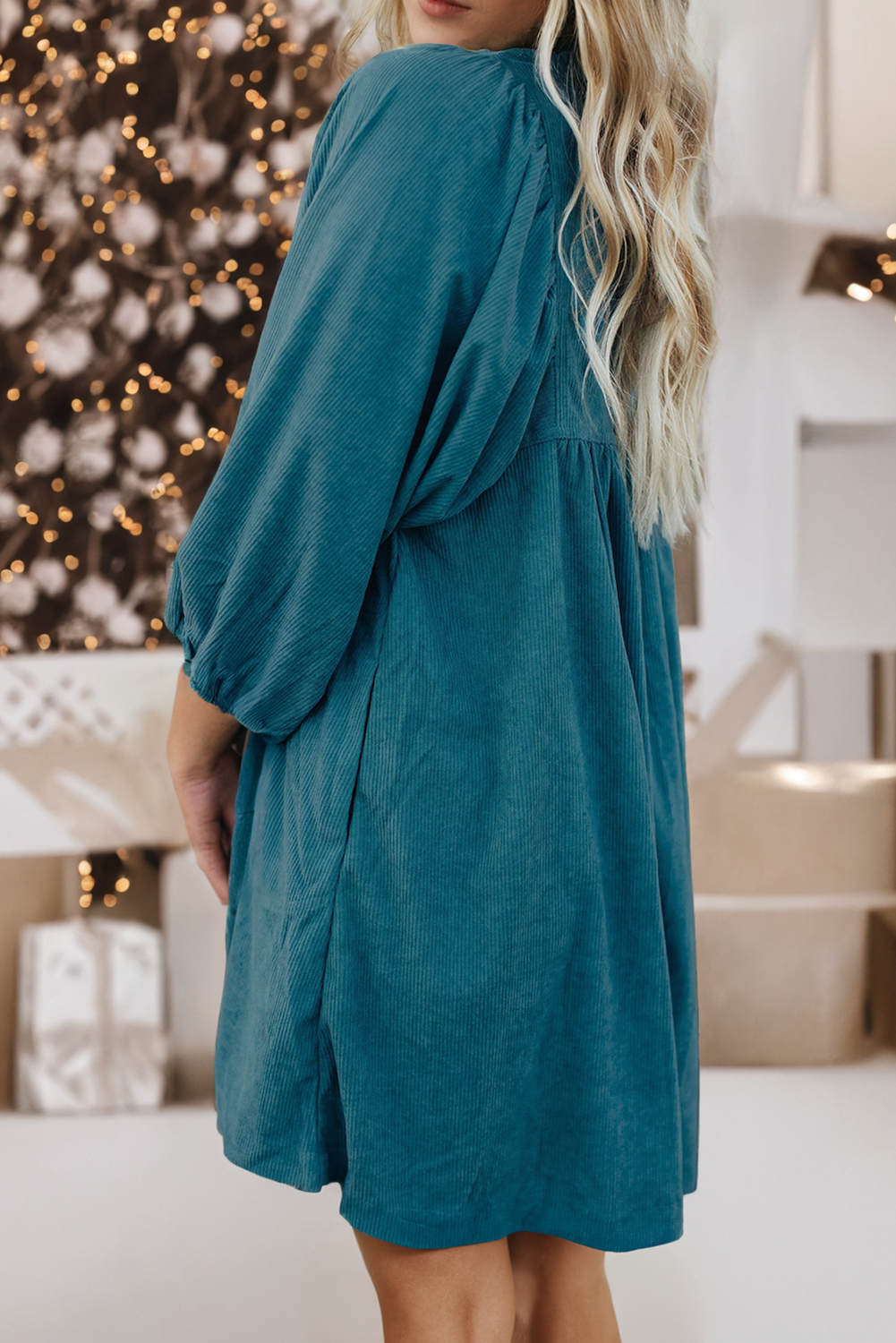 LDC Corduroy Snap Buttons Lantern Sleeve Dress