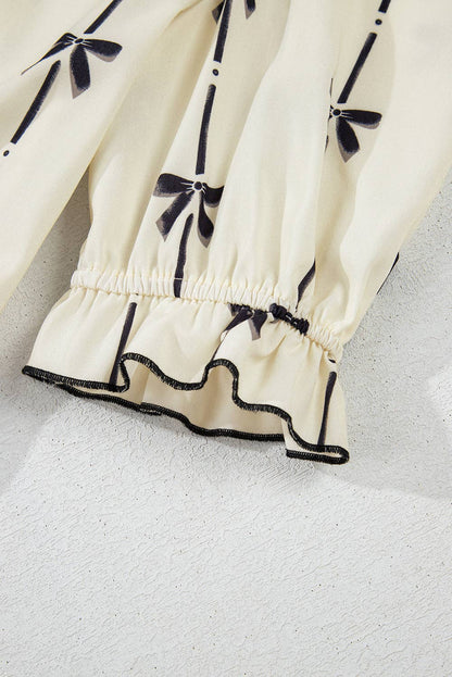 Bowknot Printed Bubble Sleeve V Neck Mini Dress