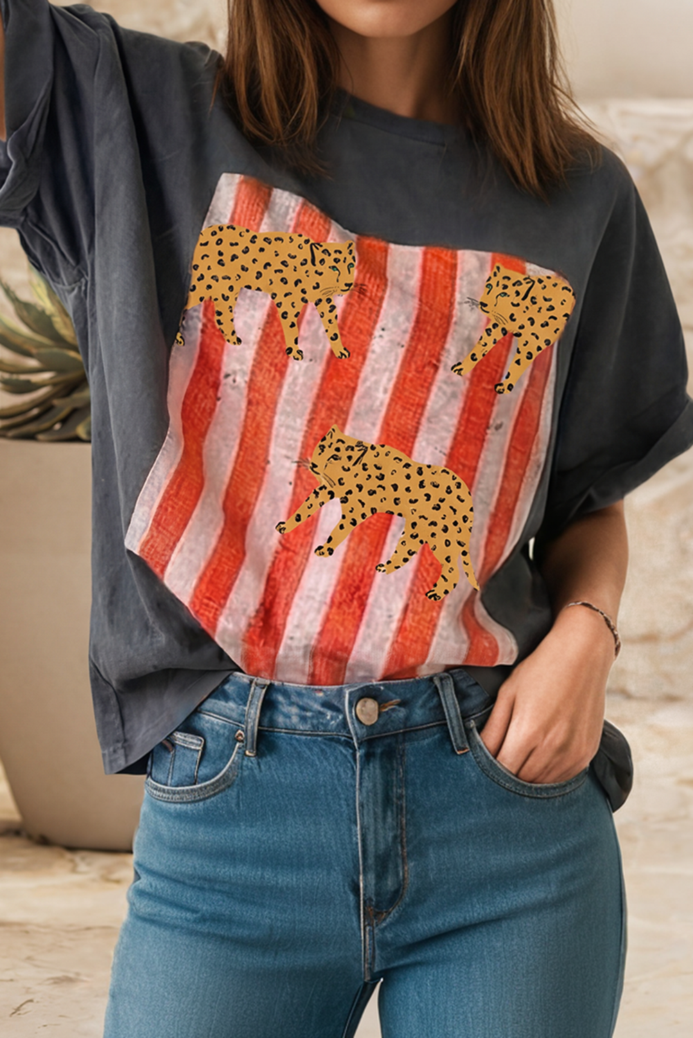 LDC Cheetah Striped Print Retro Fashion Graphic Tee