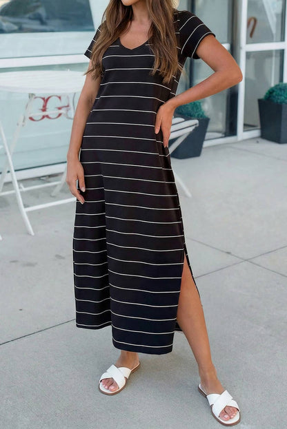 Stripe Short Sleeve Side Slit Maxi T Shirt Dress