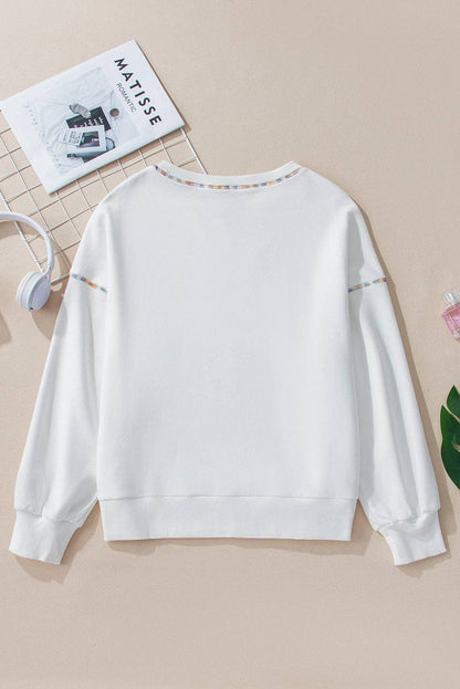 White Sequin Football Exposed Seam Sweatshirt