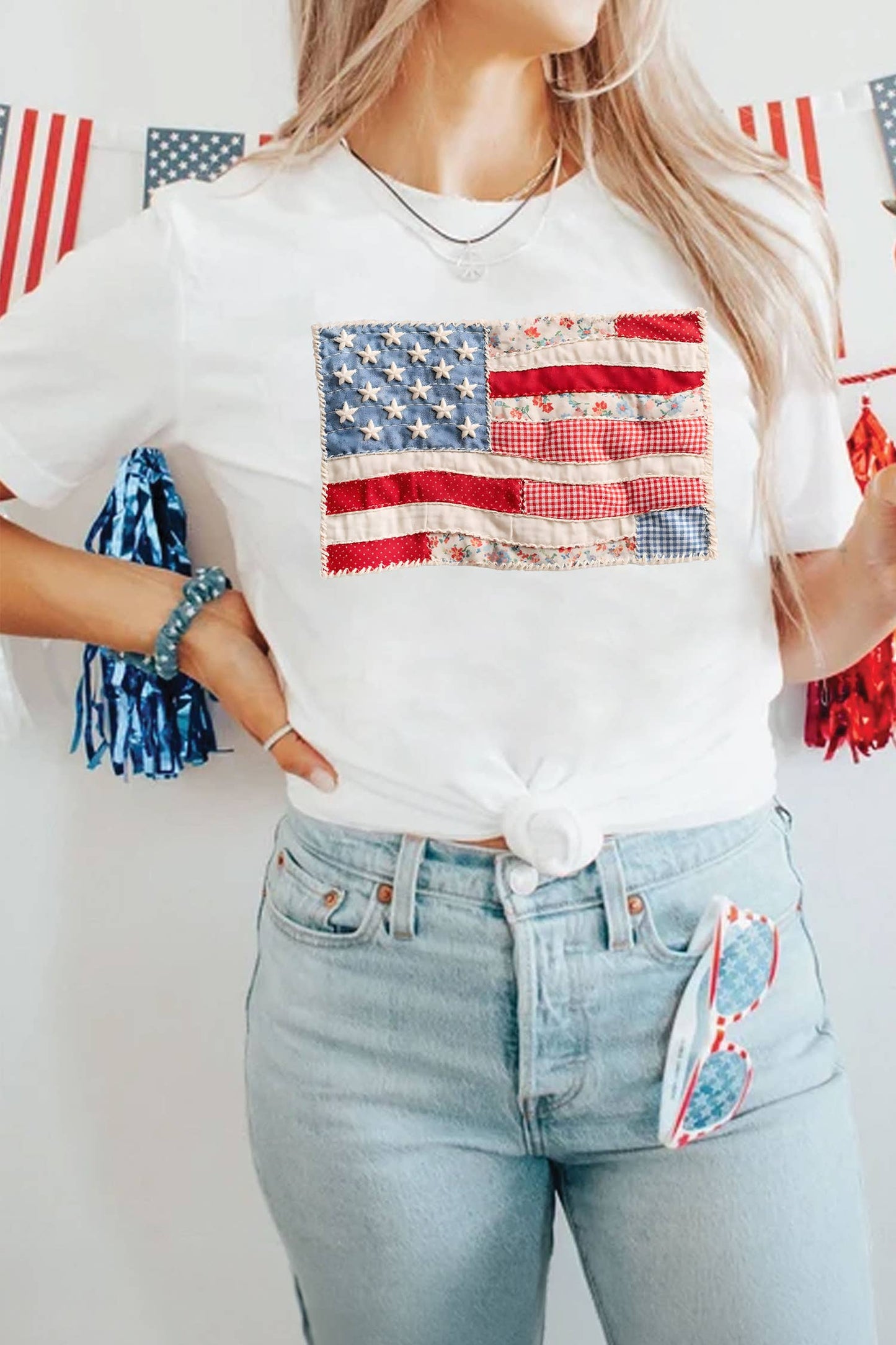 Faux Patchwork Printed US Flag Casual Tee