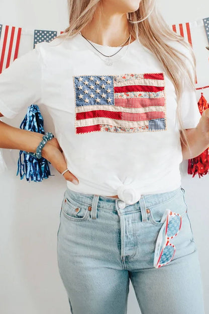 Faux Patchwork Printed US Flag Casual Tee