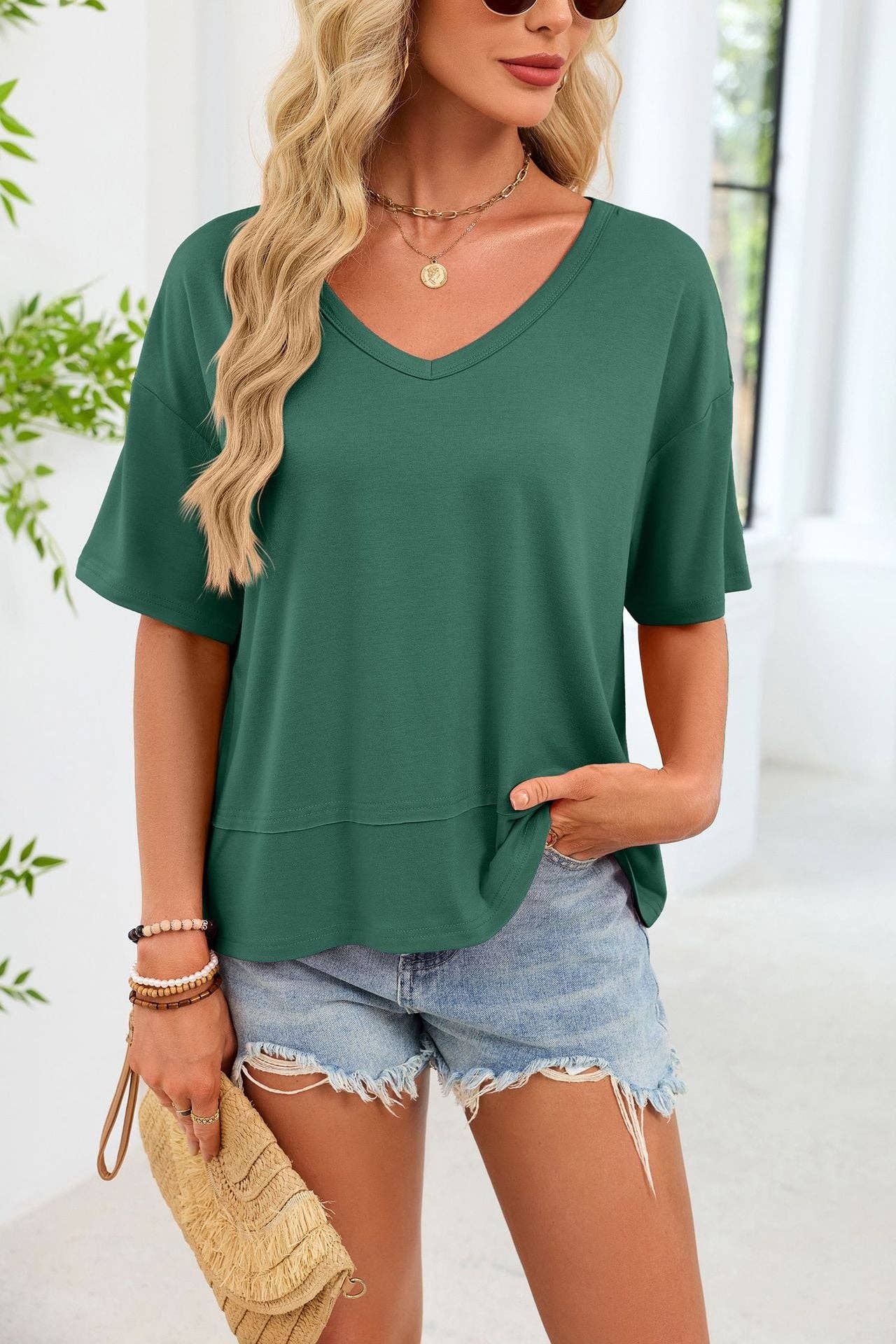 Oversized V Neck Loose Fit Casual Basic Tee