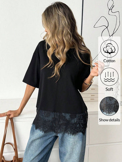 Lace Hem Loose Short Sleeve T Shirt