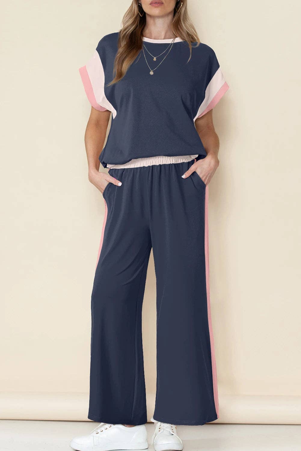 Multicolor Color Block Detail Casual Two-piece Set