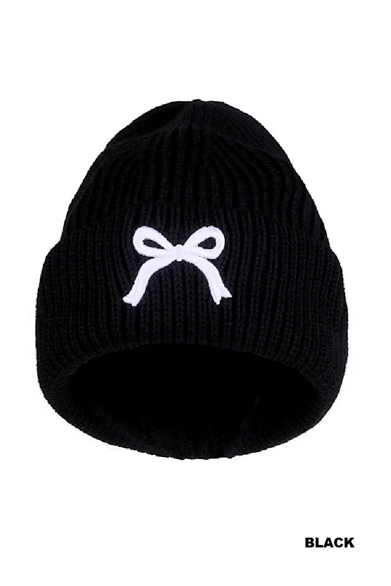 Bow Embroidered Cuff Beanie