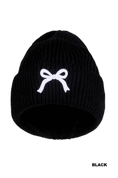 Bow Embroidered Cuff Beanie