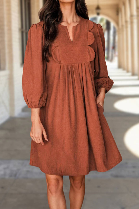 Corduroy Solid Pleat 3/4 Sleeve Mini Dress