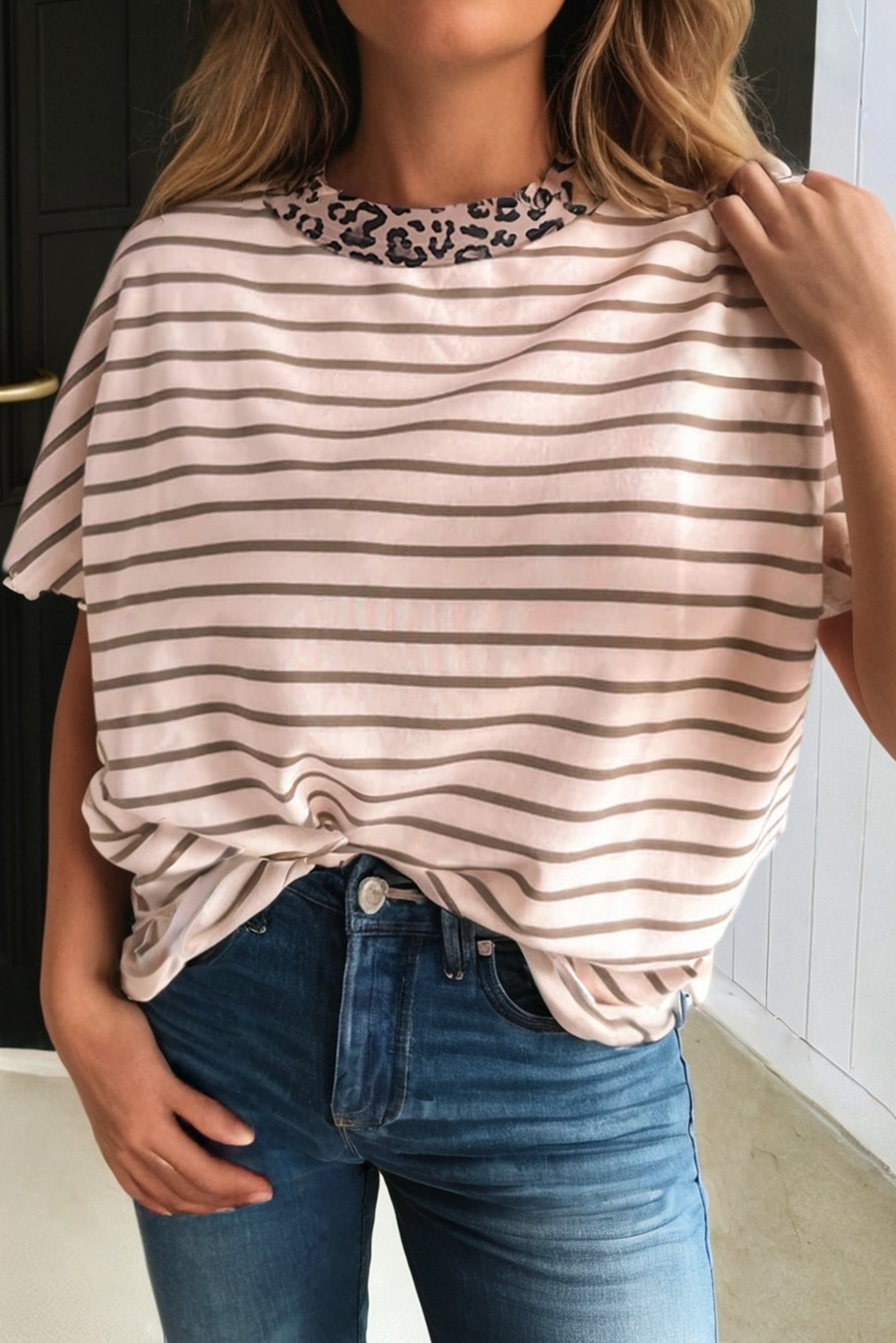 LAS Stripe Leopard Patchwork Neutral Tee