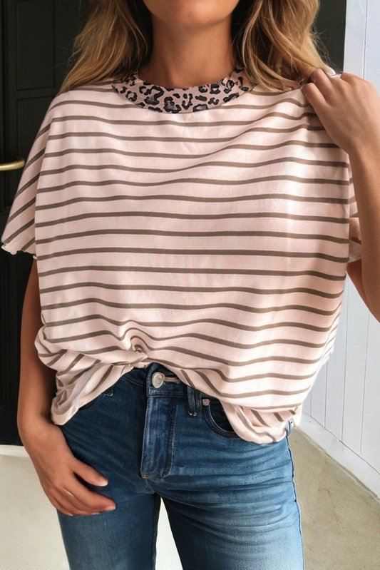 LAS Stripe Leopard Patchwork Neutral Tee