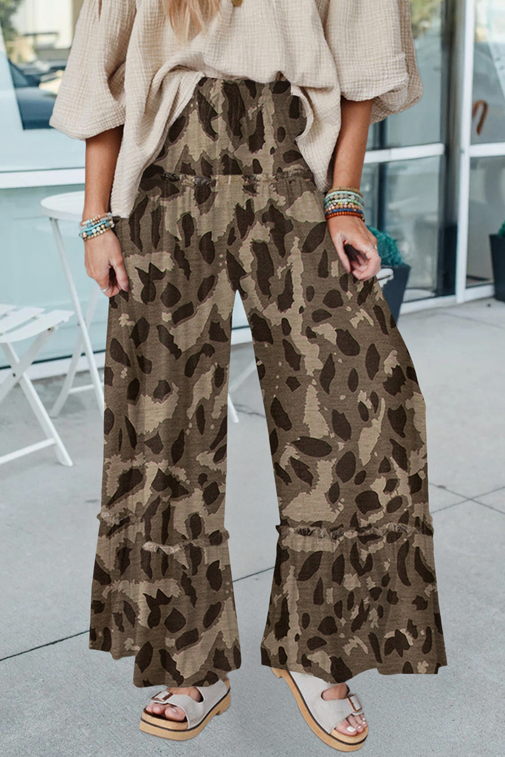 Camo Print Wide Leg Casual Pants