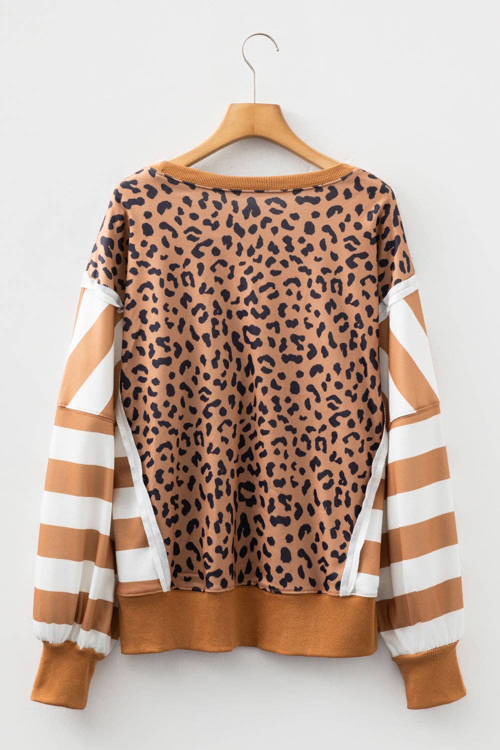 Casual Leopard and Striped Sleeve Crewneck