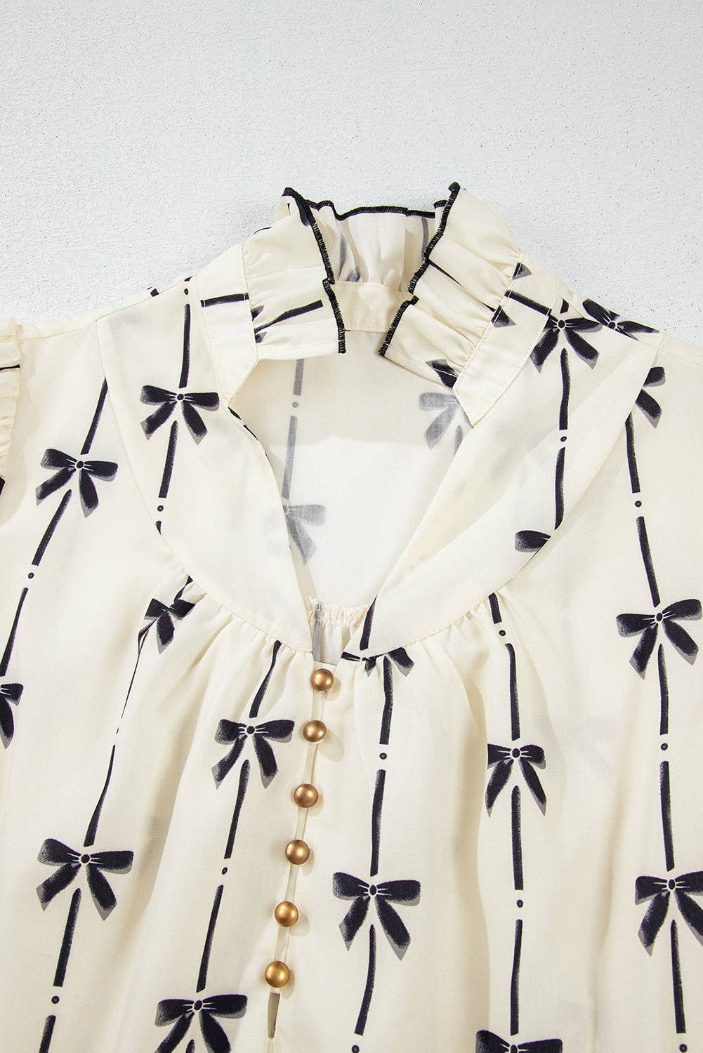 Bowknot Printed Bubble Sleeve V Neck Mini Dress