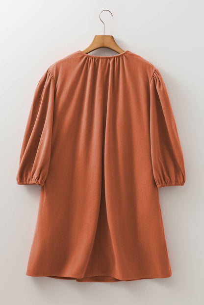 Corduroy Solid Pleat 3/4 Sleeve Mini Dress