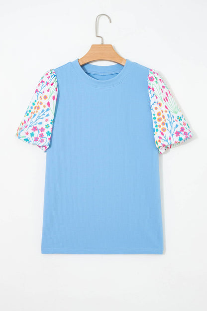 LAS Textured Contrast Floral Bubble Sleeve Blouse